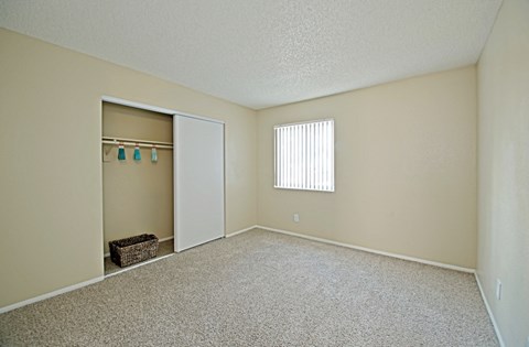 an empty living room with a closet and a window