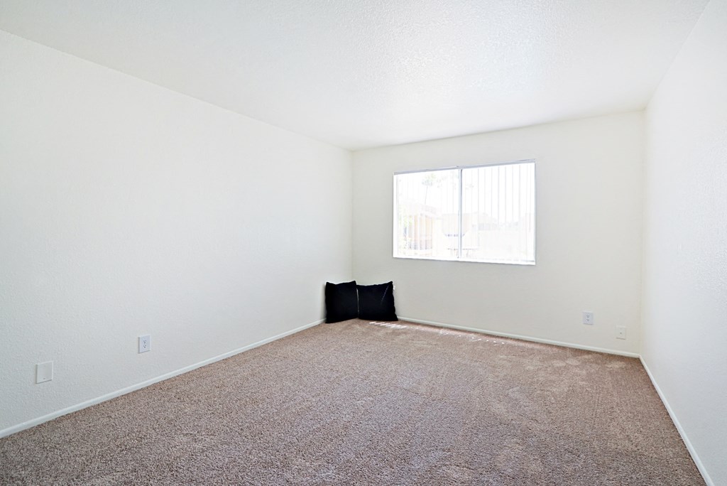 an empty room with carpet and a window