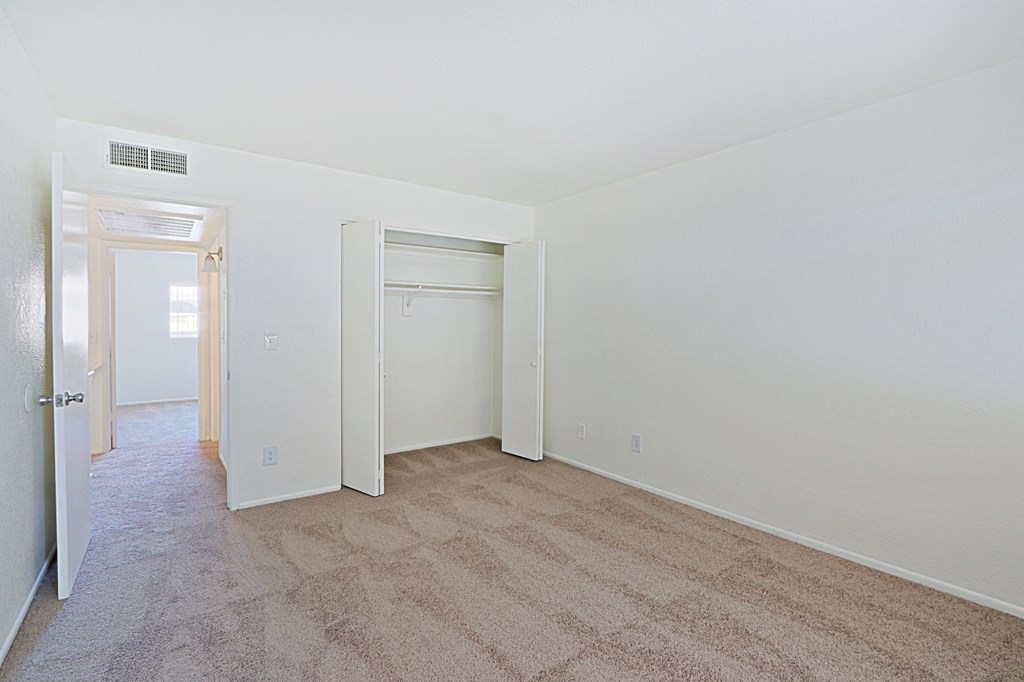 an empty living room with carpet and a door to a closet