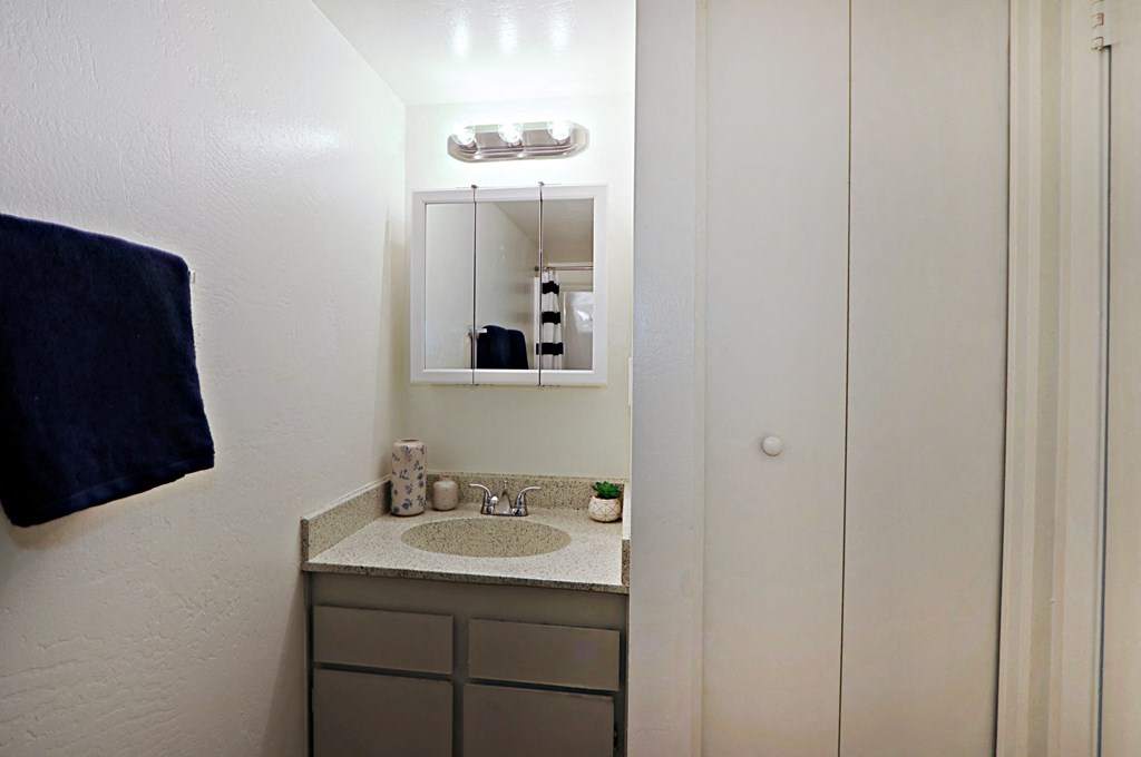 a small bathroom with a sink and a mirror
