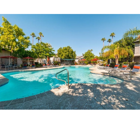 A swimming pool surrounded by palm trees and lounge chairs.