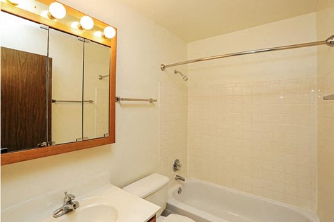 A white bathroom with a sink, mirror, and bathtub.