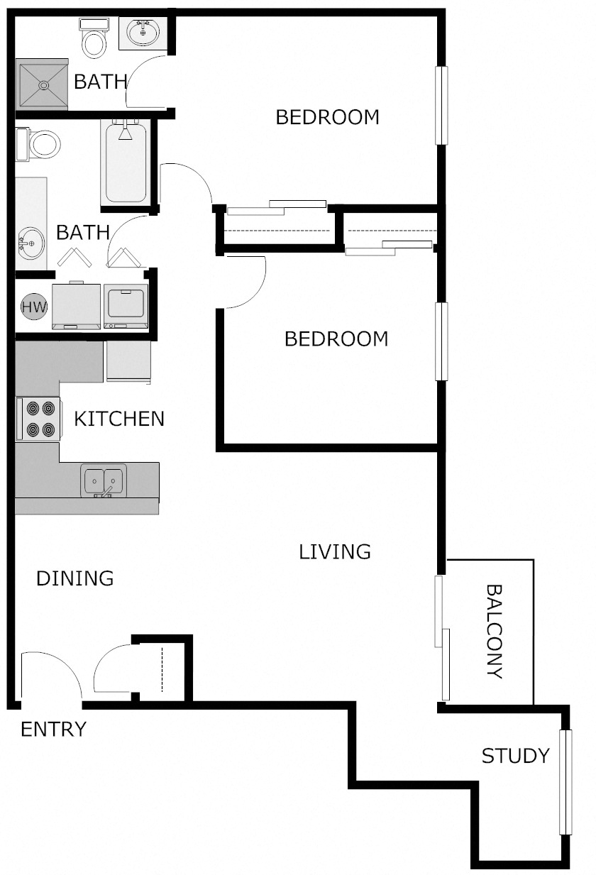 2 Bedroom with Study