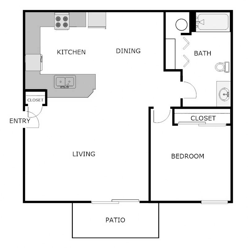 1 Bedroom 1 Bathroom with Patio 650 square feet