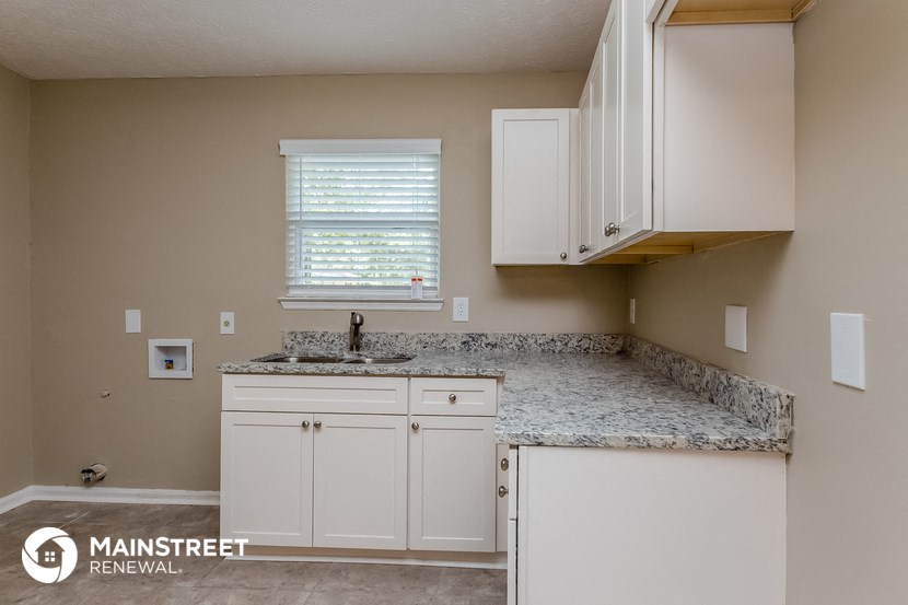 a kitchen with white cabinets and granite counter tops and a sink