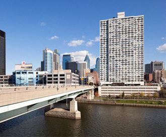 a view of the city with a bridge over the water