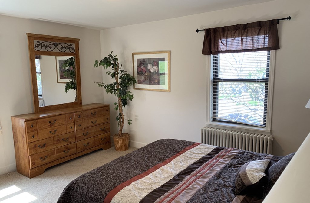 a bedroom with a bed and a dresser and a window