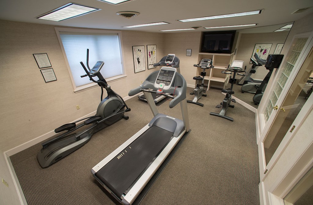 a gym with several exercise machines and a television