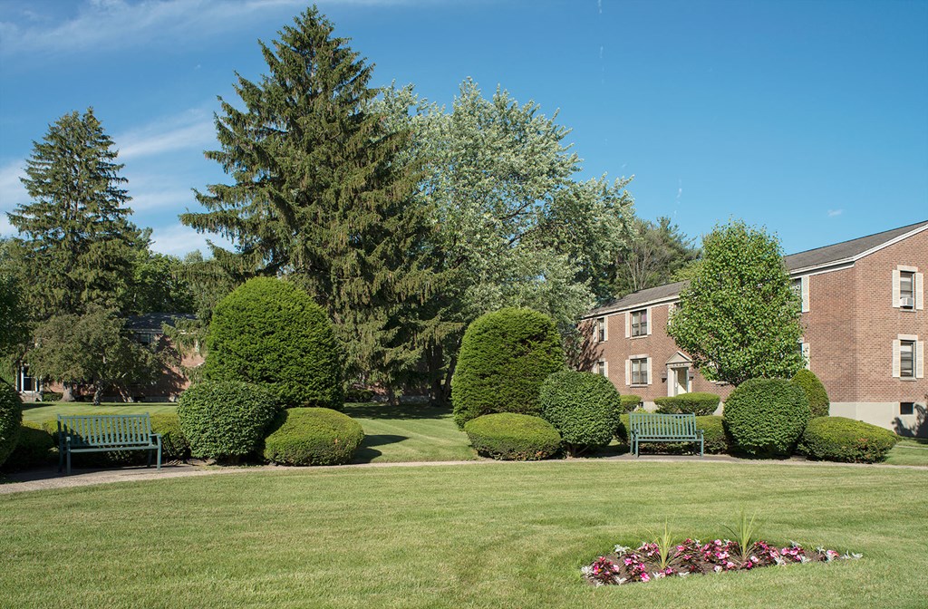 a yard with benches and trees in front of a brick building