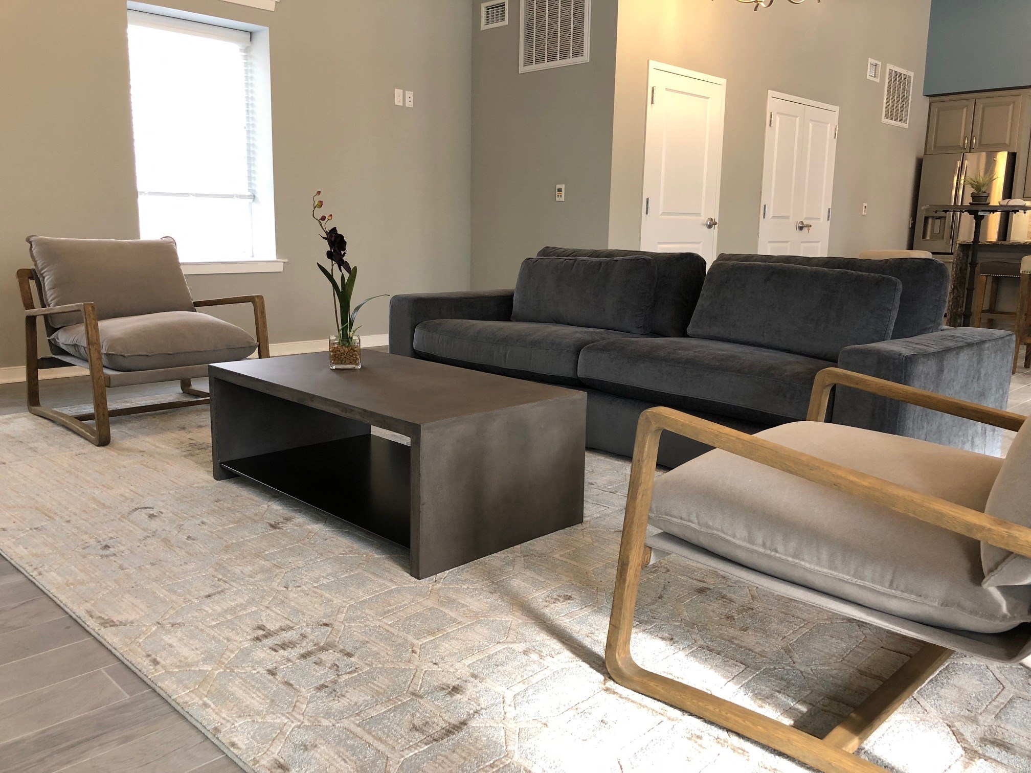 a living room with a couch and a coffee table