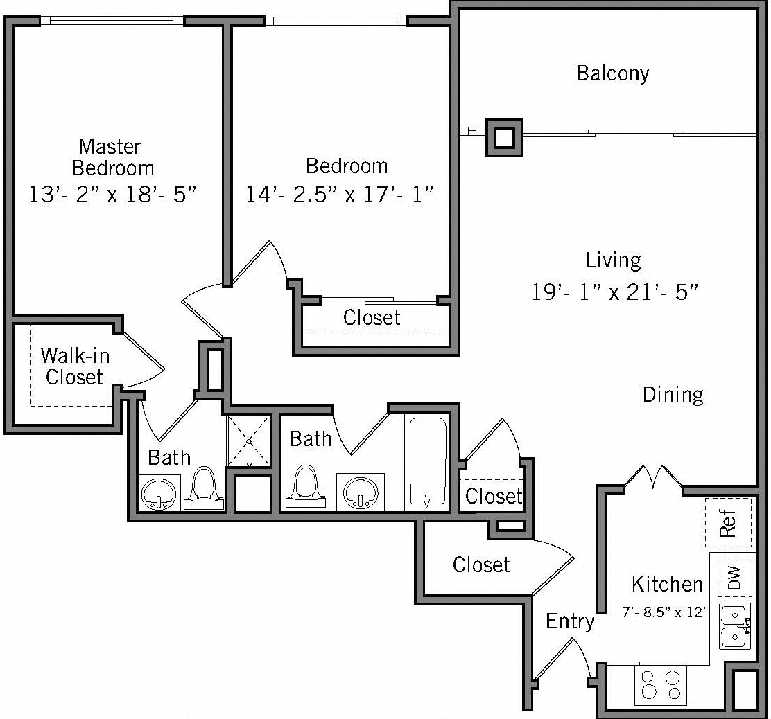 2B - 2 Bedroom 2 Bath Floor Plan Layout - 1107 Square Feet