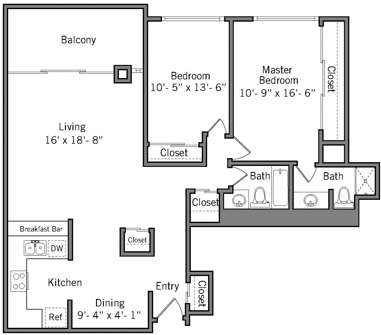 2C - 2 Bedroom 2 Bath Floor Plan Layout - 1144 Square Feet