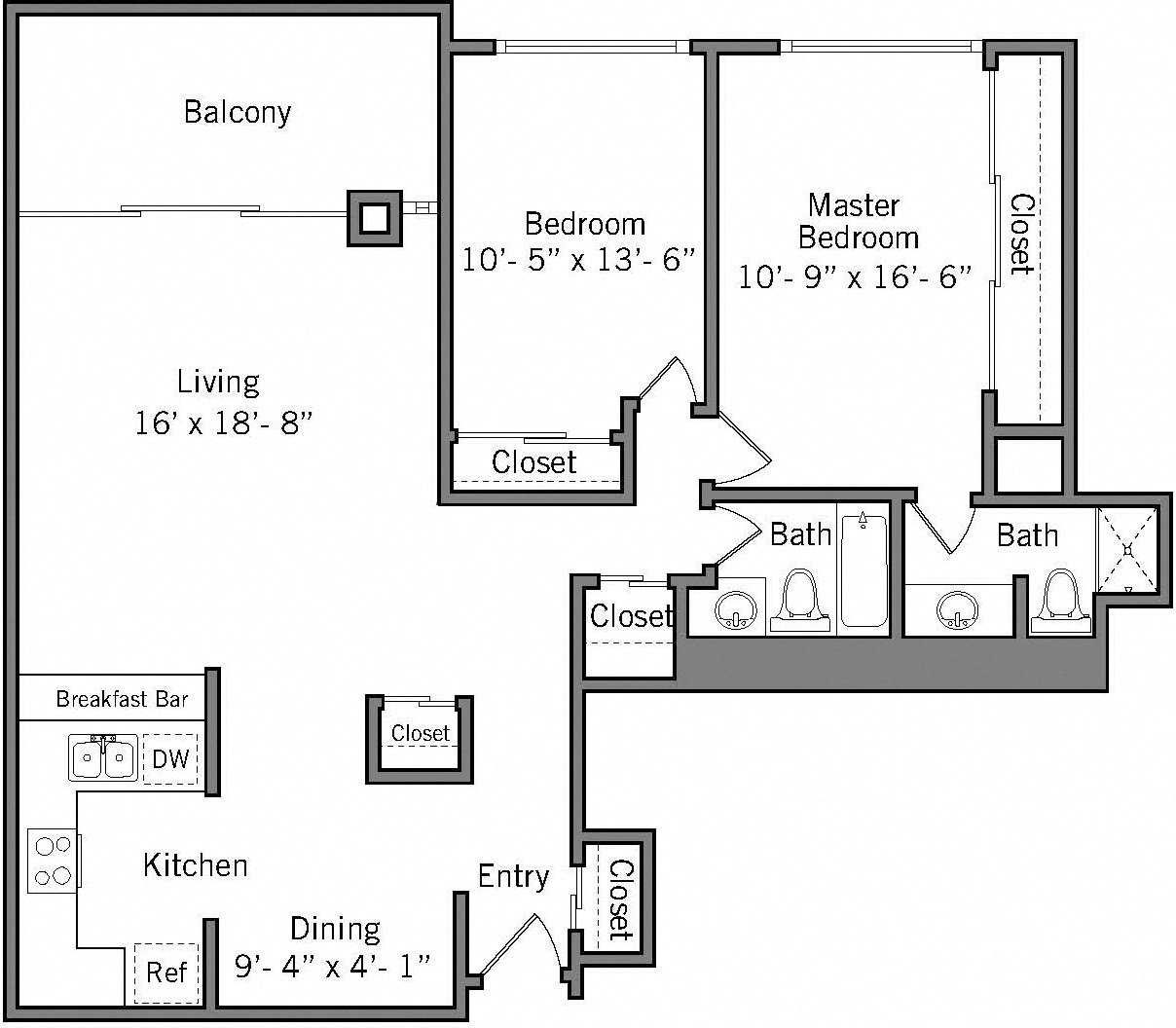 2D - 2 Bedroom 2 Bath Floor Plan Layout - 1174 Square Feet