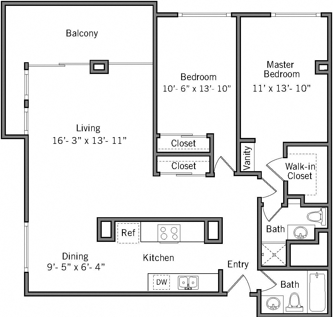 2E - 2 Bedroom 2 Bath Floor Plan Layout - 1209 Square Feet