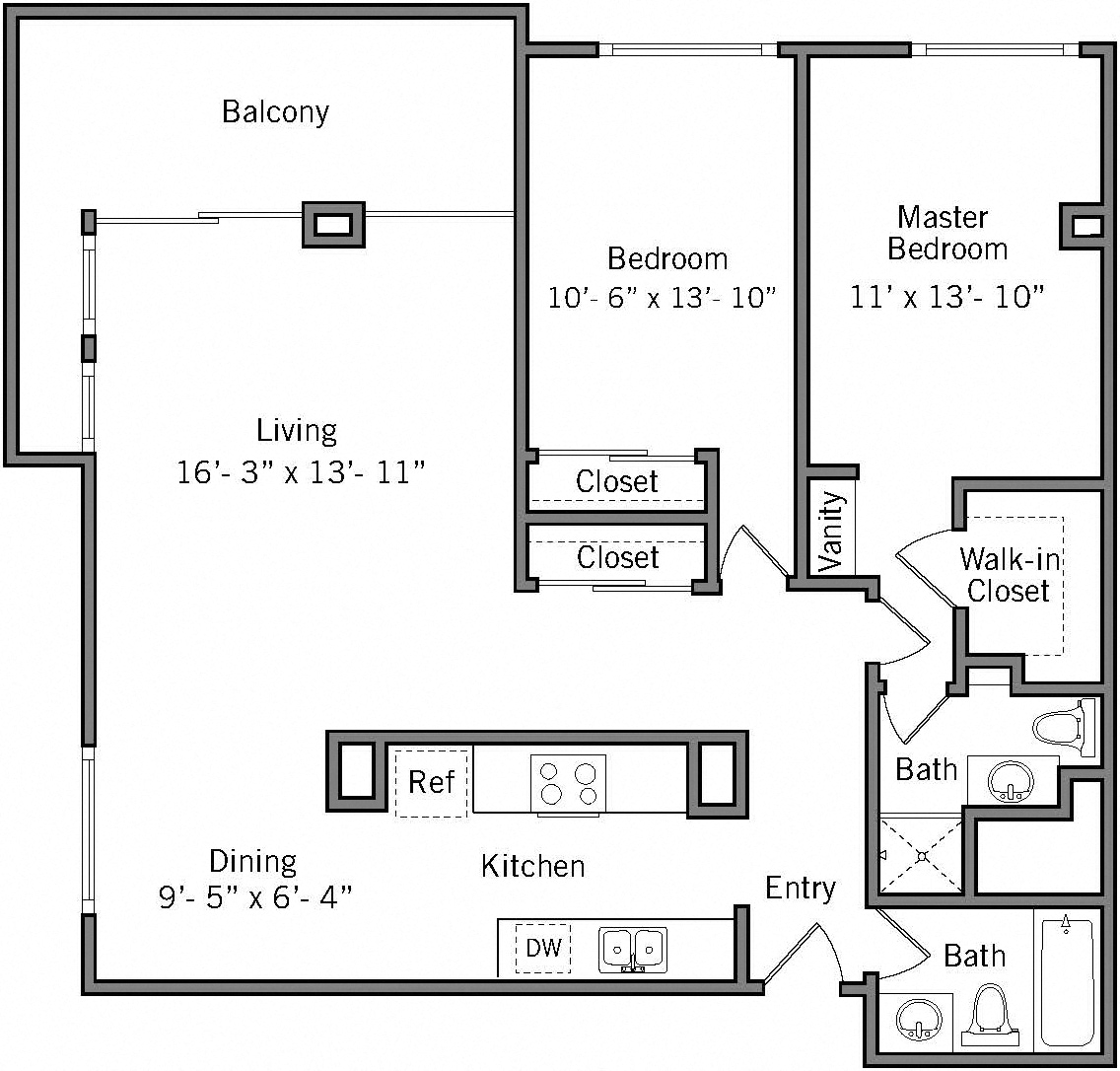2F - 2 Bedroom 2 Bath Floor Plan Layout - 1280 Square Feet