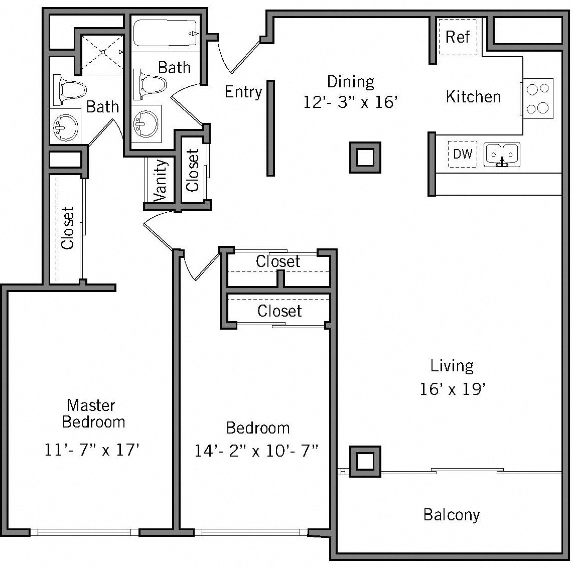 2H - 2 Bedroom 2 Bath Floor Plan Layout - 1344 Square Feet