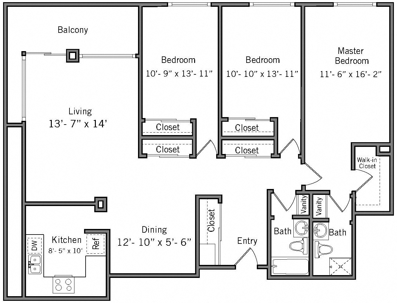 3A - 3 Bedroom 2 Bath Floor Plan Layout - 1754 Square Feet