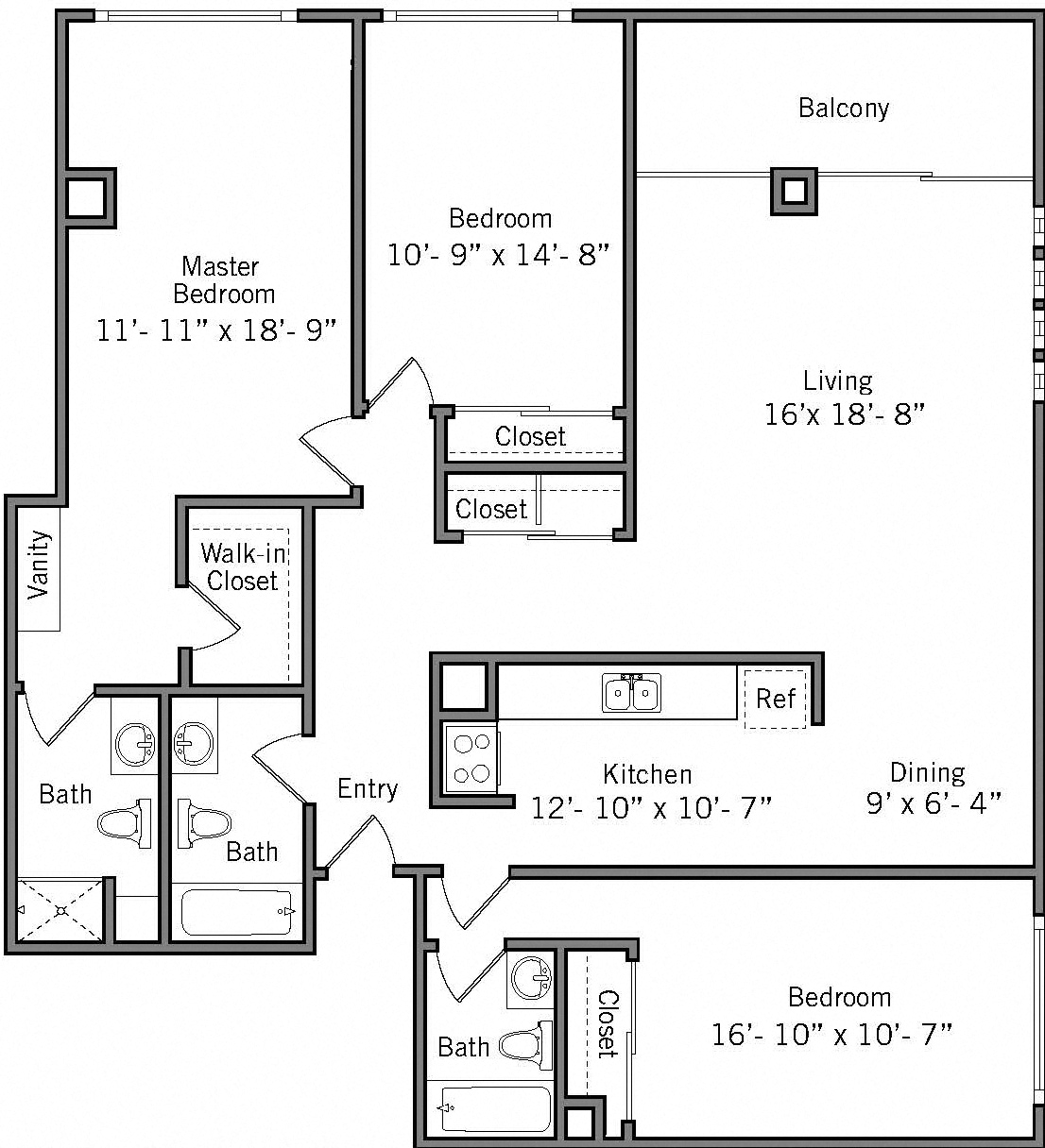 3B - 3 Bedroom 3 Bath Floor Plan Layout - 1650 Square Feet