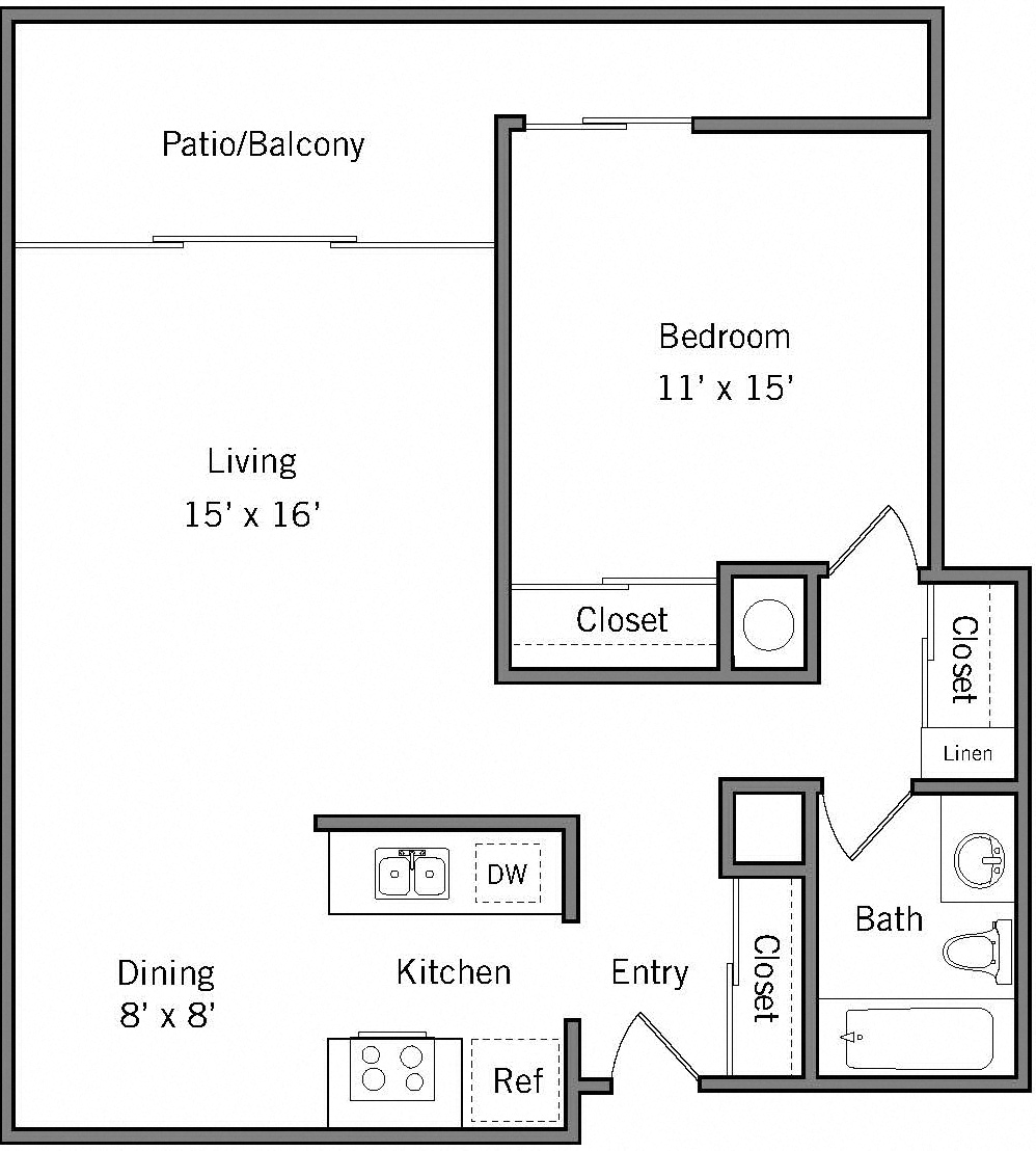 1D - 1 Bedroom 1 Bath Floor Plan Layout - 700 Square Feet