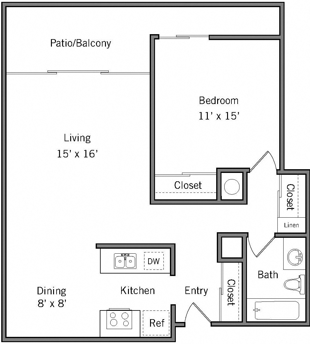 1H - 1 Bedroom 1 Bath Floor Plan Layout - 730 Square Feet