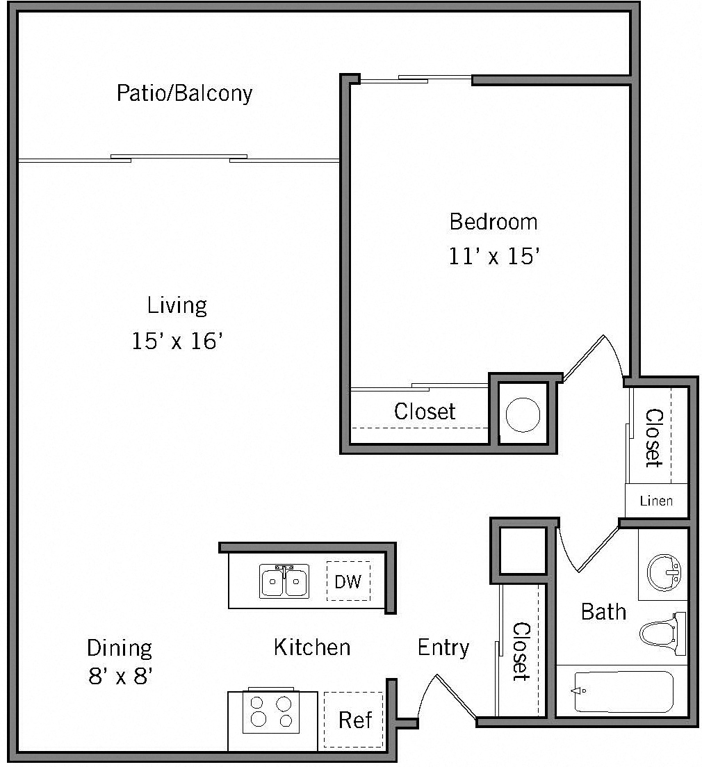 1I - 1 Bedroom 1 Bath Floor Plan Layout - 740 Square Feet