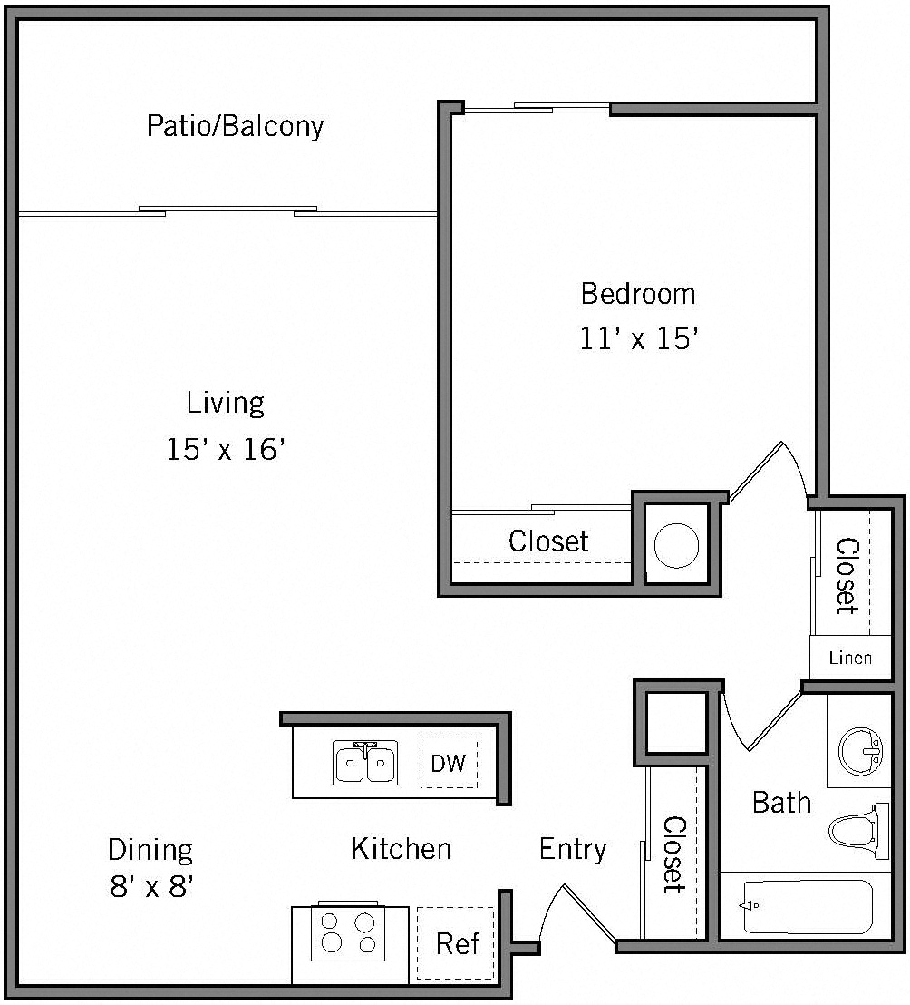 1J - 1 Bedroom 1 Bath Floor Plan Layout - 780 Square Feet
