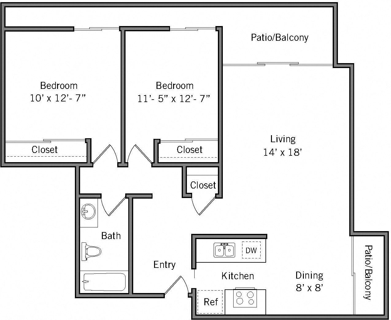 2A - 2 Bedroom 1 Bath Floor Plan Layout - 940 Square Feet