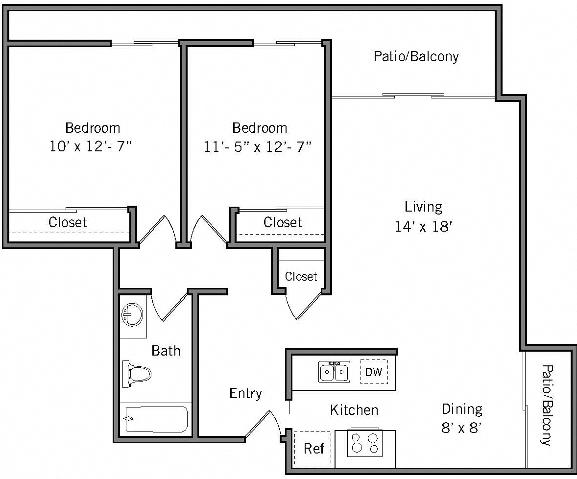 2B - 2 Bedroom 1 Bath Floor Plan Layout - 985 Square Feet