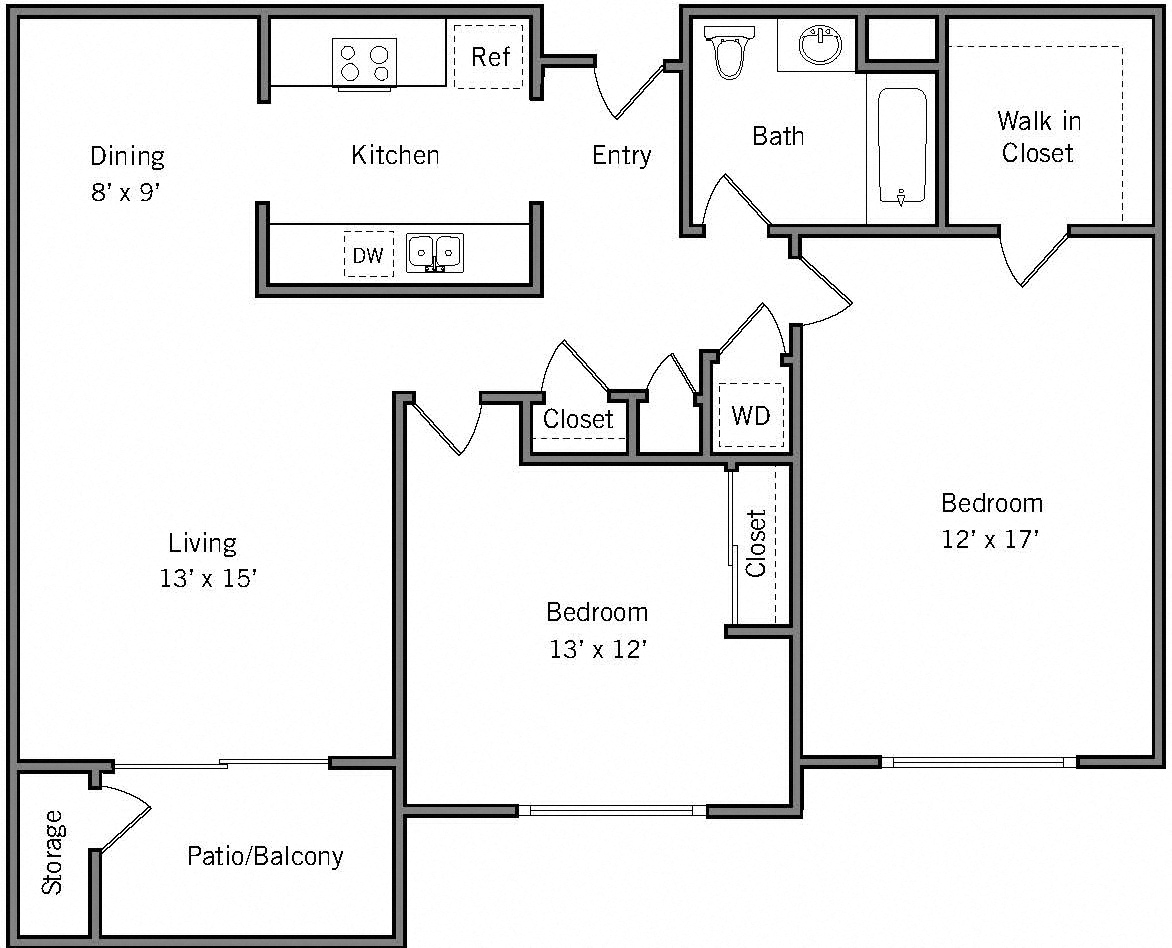 2C - 2 Bedroom 1 Bath Floor Plan Layout - 1053 Square Feet