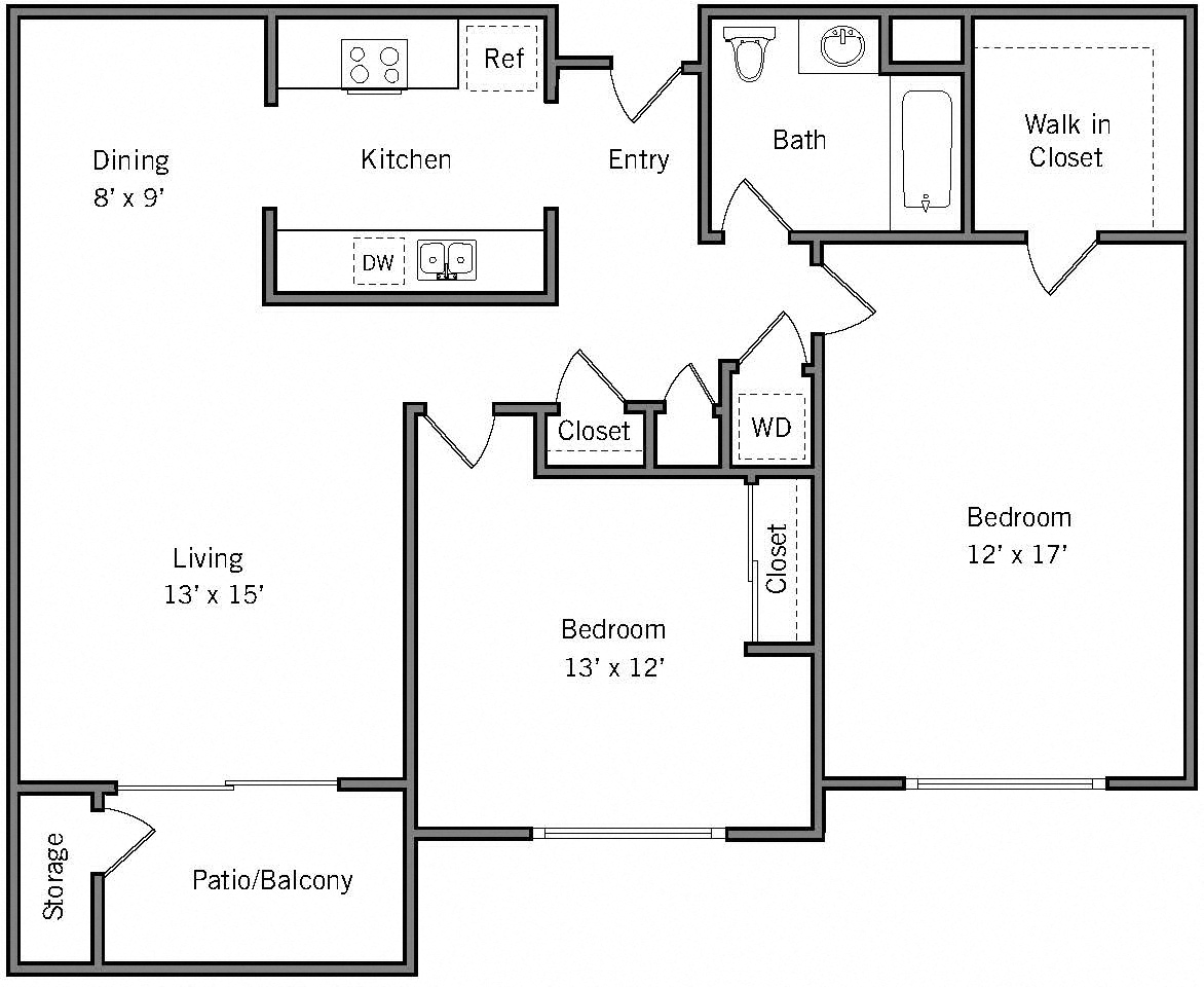 2D - 2 Bedroom 1 Bath Floor Plan Layout - 1142 Square Feet