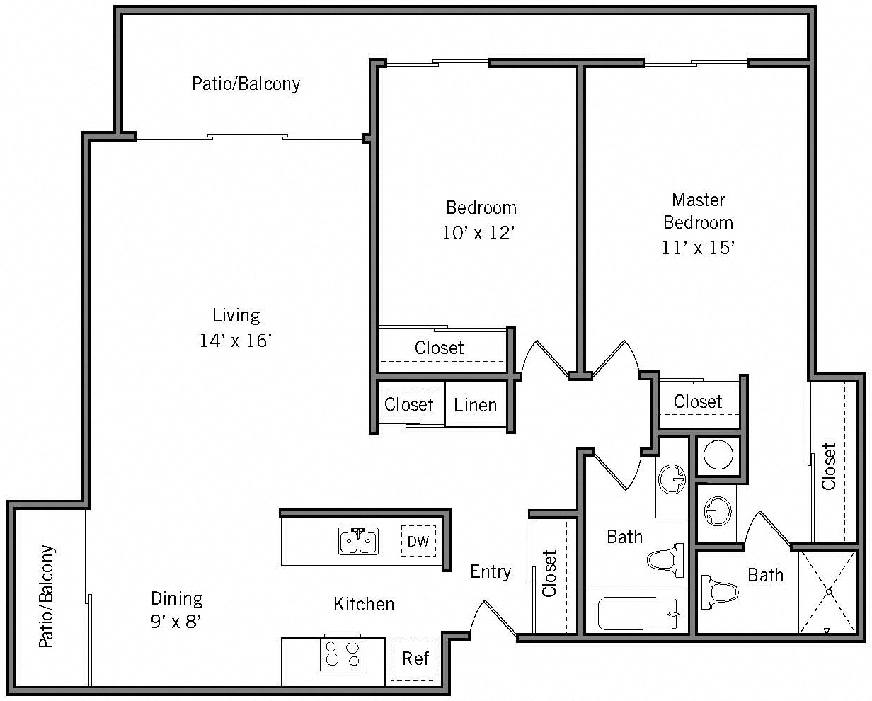 2E - 2 Bedroom 2 Bath Floor Plan Layout - 970 Square Feet