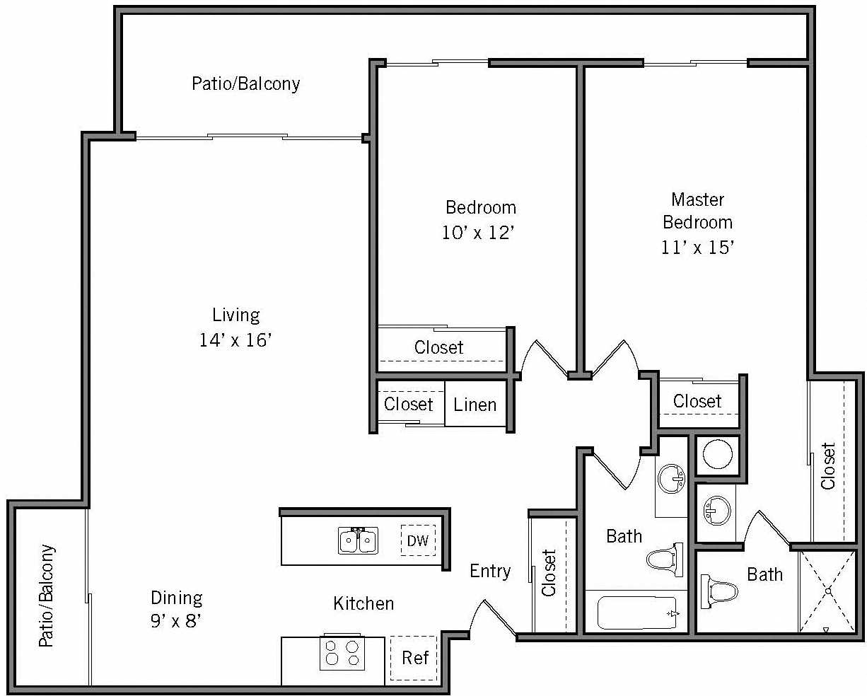 2F - 2 Bedroom 2 Bath Floor Plan Layout - 975 Square Feet
