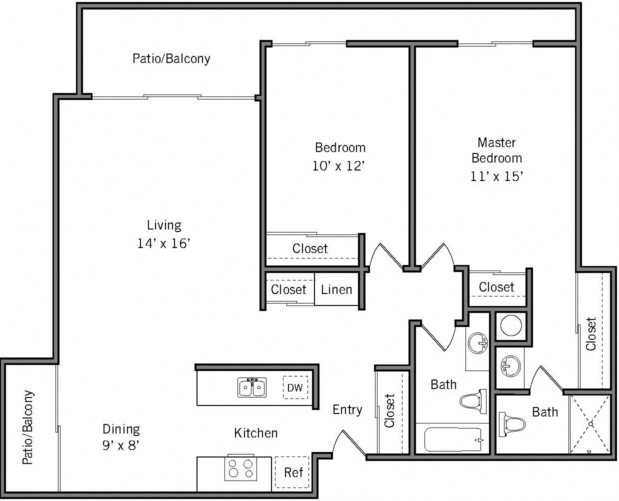 2G - 2 Bedroom 2 Bath Floor Plan Layout - 1000 Square Feet