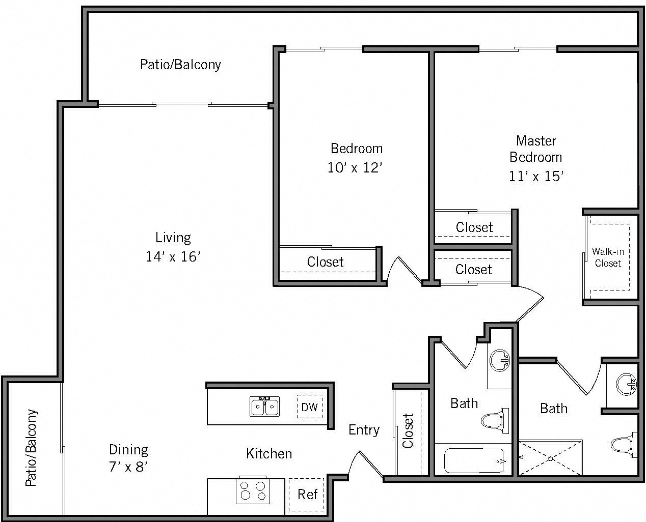 2I - 2 Bedroom 2 Bath Floor Plan Layout - 1035 Square Feet