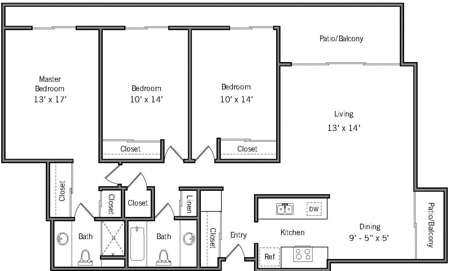 3A - 3 Bedroom 2 Bath Floor Plan Layout - 1215 Square Feet
