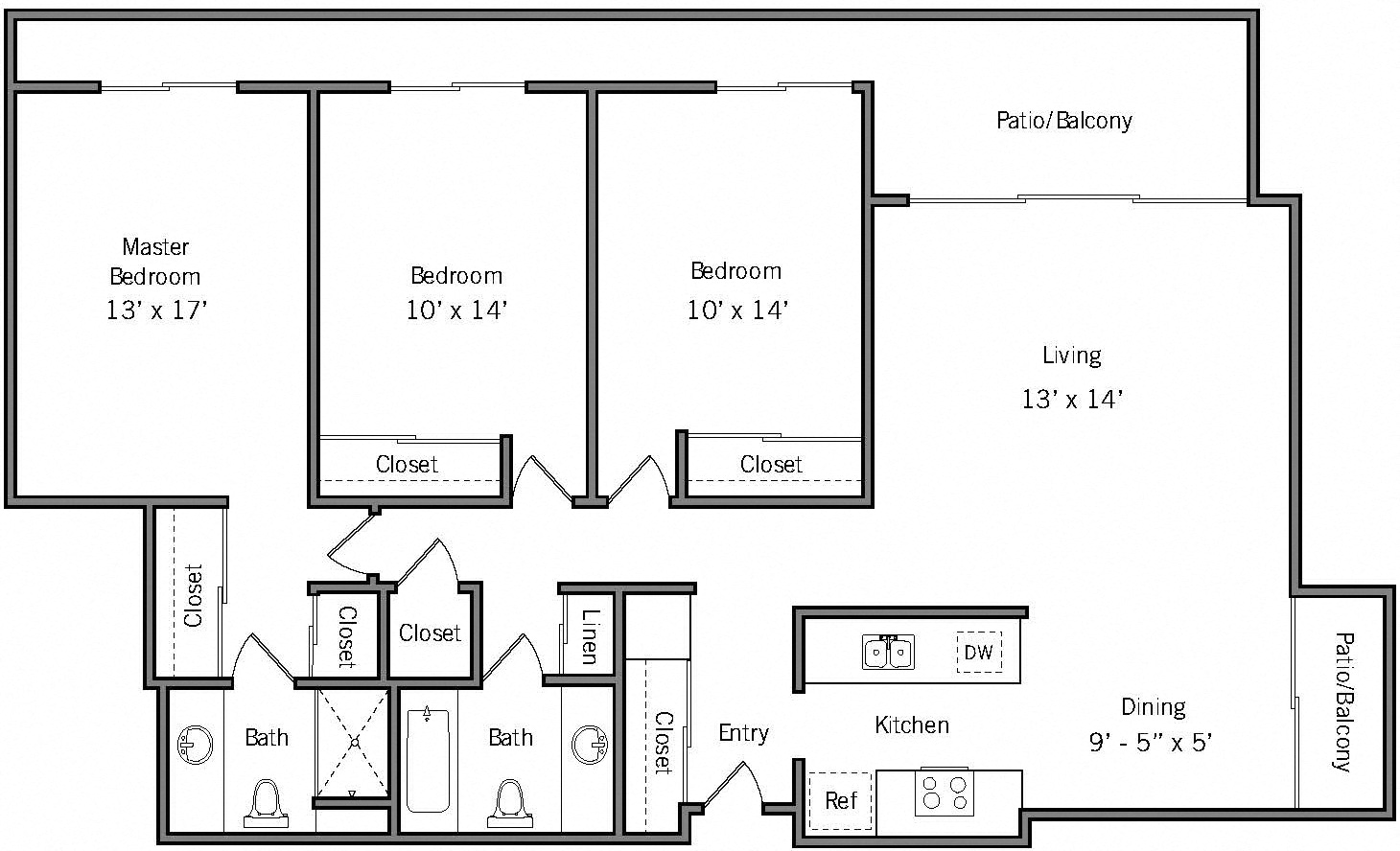 3B - 2 Bedroom 2 Bath Floor Plan Layout - 1235 Square Feet