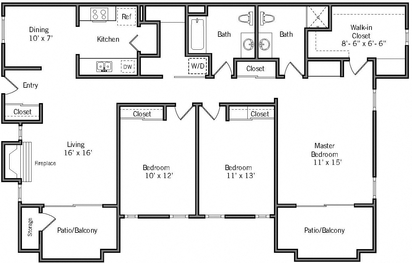 3C - 2 Bedroom 2 Bath Floor Plan Layout - 1345 Square Feet