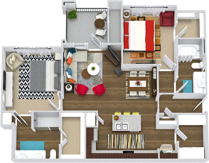 3D Elkland. 2 bedroom apartment. Kitchen with island open to living/dinning rooms. 2 full bathrooms, double vanity in master. Walk-in closet. Patio/balcony.