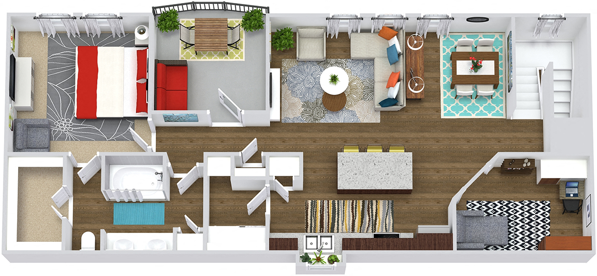 3D Greensboro with Attached Garage. 1 bedroom apartment + study room. Kitchen with island open to living/dinning rooms. 1 full bathroom, double vanity. Walk-in closet. Patio/balcony.