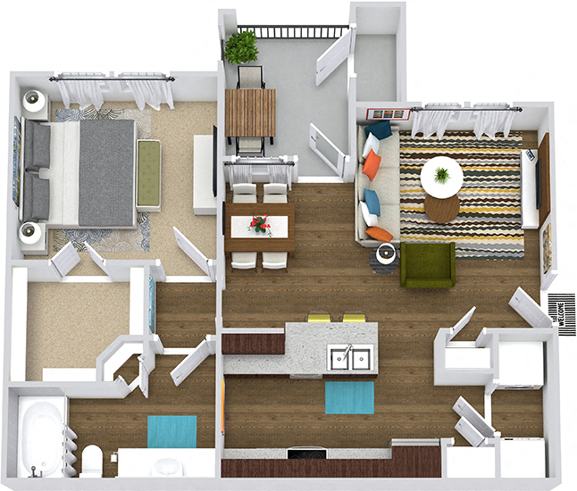 3D Hawthorn. 1 bedroom apartment. Kitchen with bartop open to living/dinning rooms. 1 full bathroom. Walk-in closet. Patio/balcony.