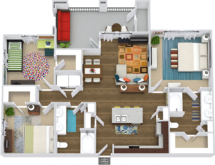 3D Sequoia. 3 bedroom apartment. Kitchen with island open to living/dinning rooms. 2 full bathrooms, double vanities. Walk-in closet. Patio/balcony.