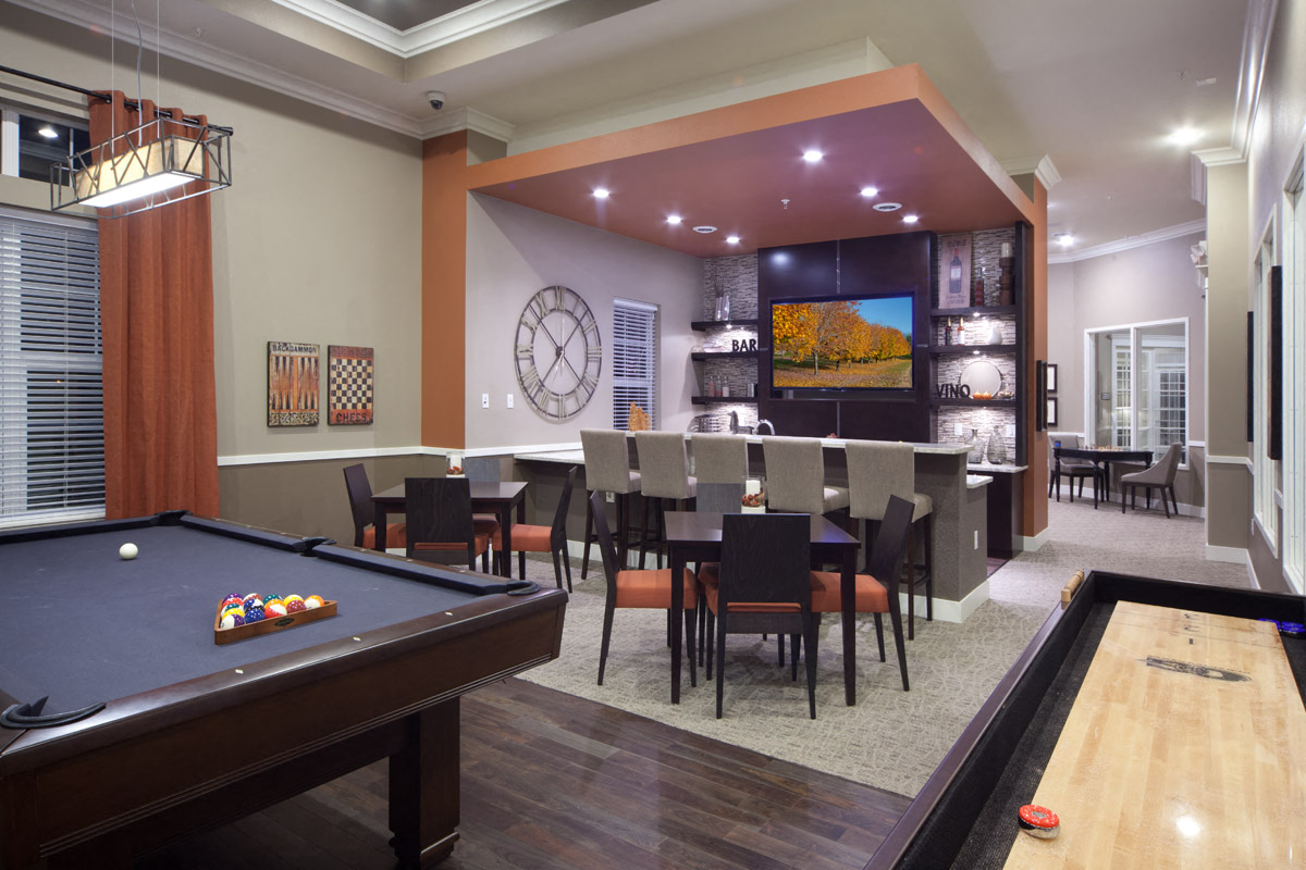 Pub Room area at Skye at Arbor Lakes Apartments, Maple Groveq