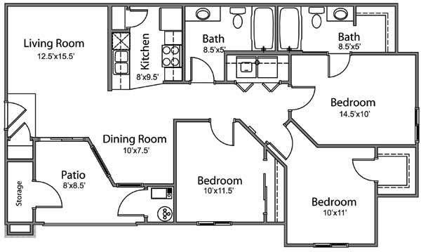 3 bed 2 bath Floor Plan 3
