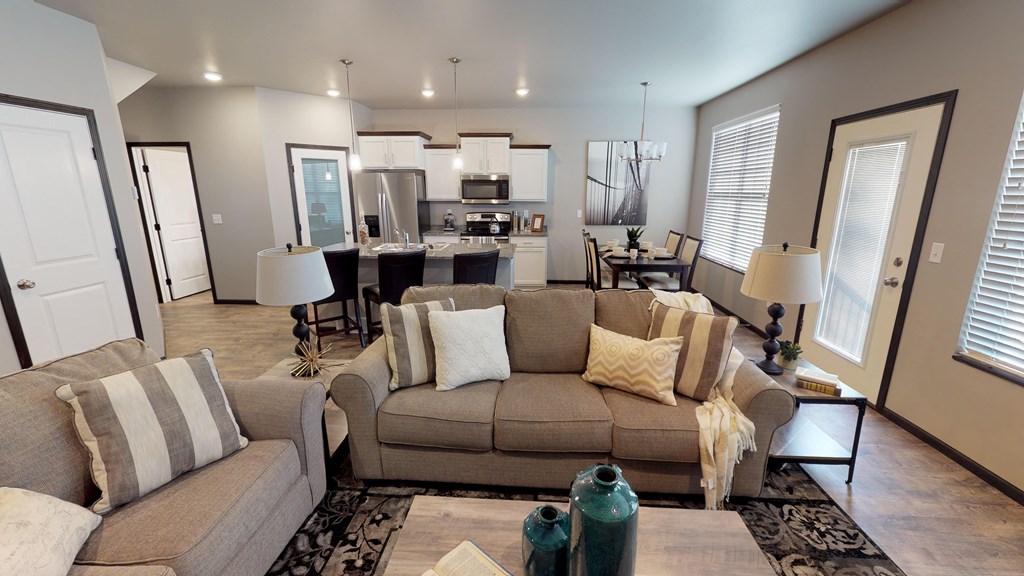 a living room with a couch and a table