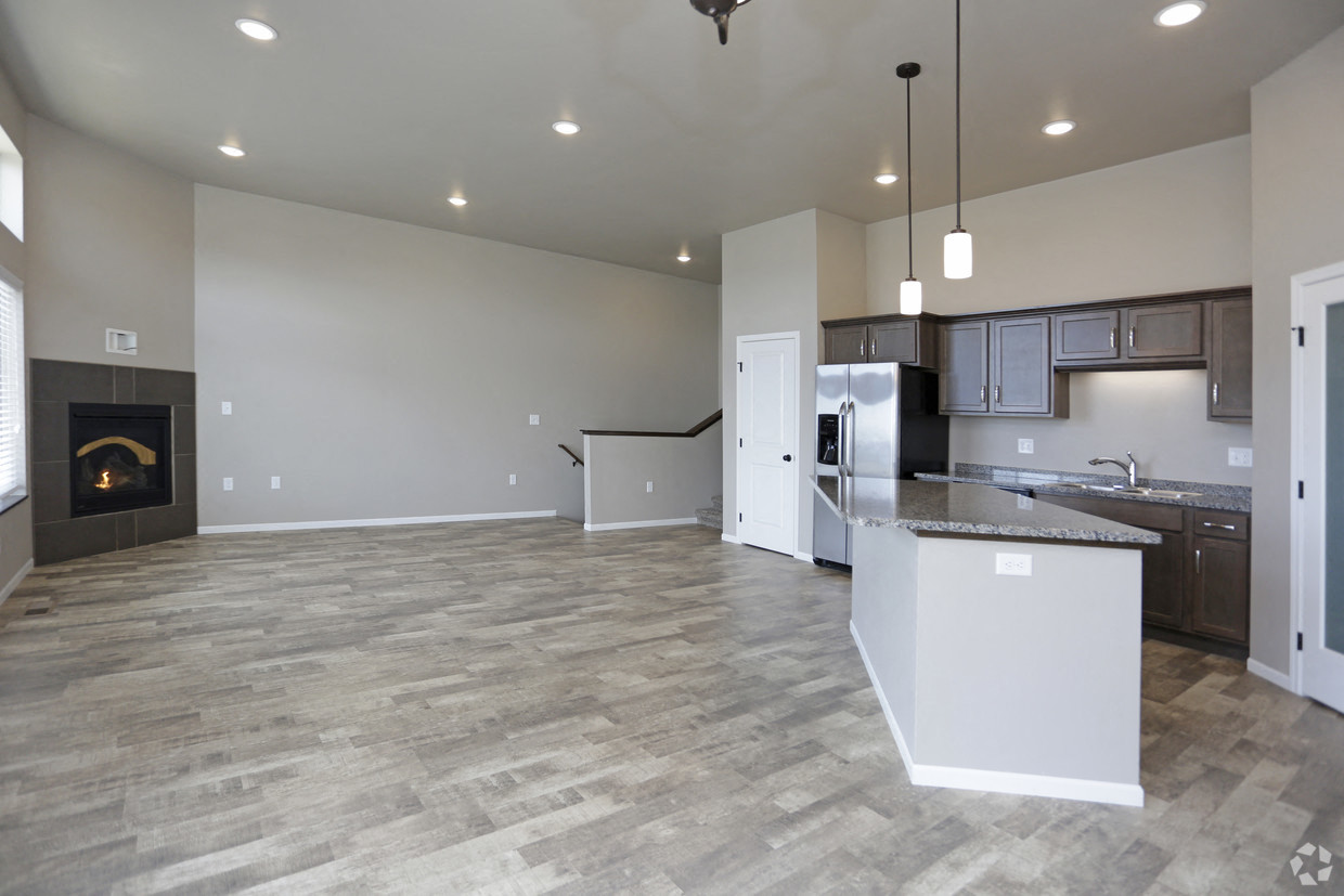 kitchen, gas fireplace, living area
