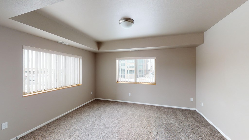 an empty living room with two windows and carpeting