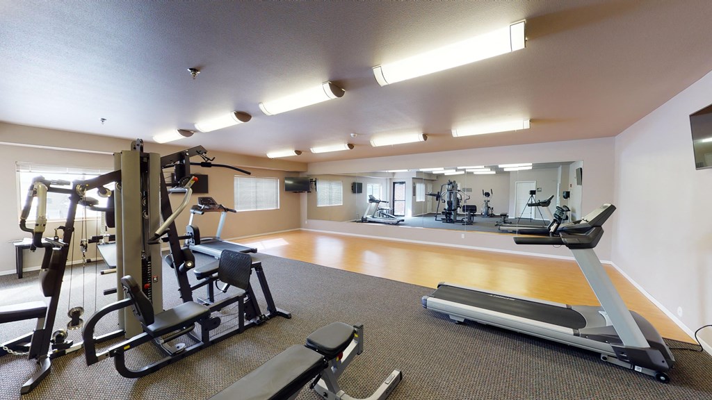 a gym with cardio machines and weights on the floor