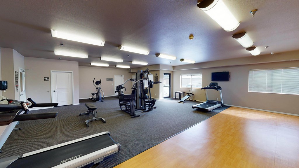 a gym with weights and other exercise equipment in a large room