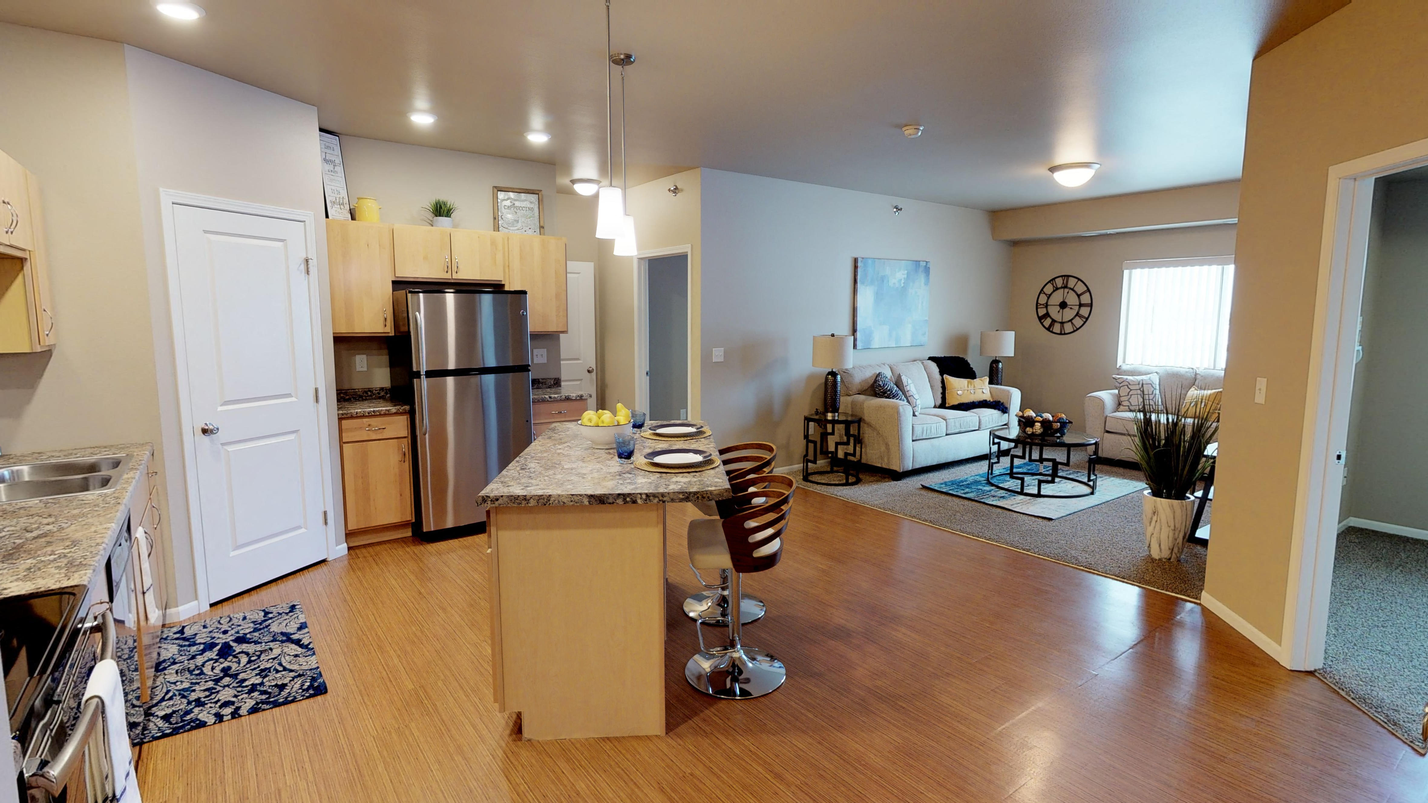 staged apartment, fargo apartment, light cabinets, light floors