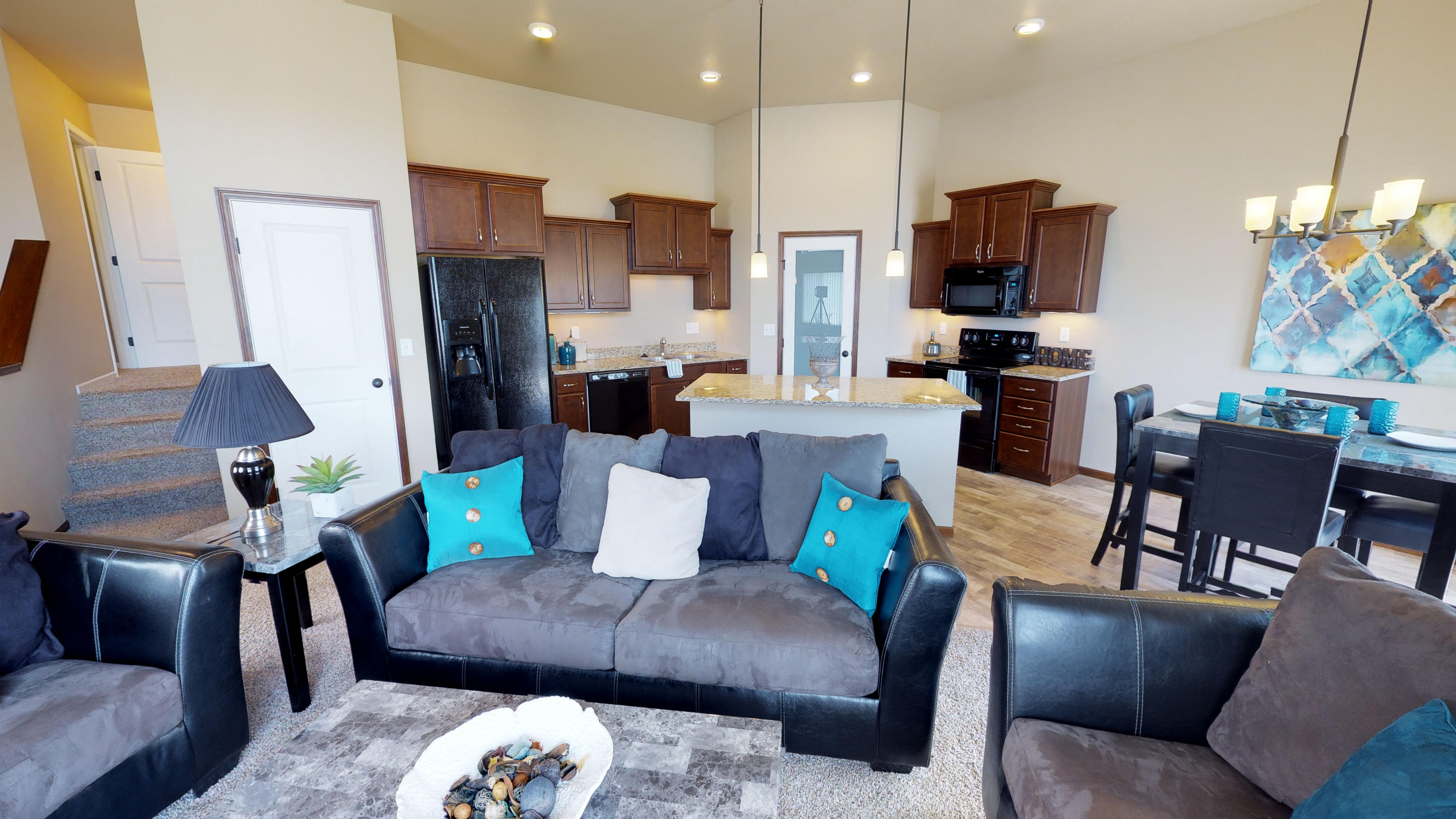 kitchen, island, pantry, living area